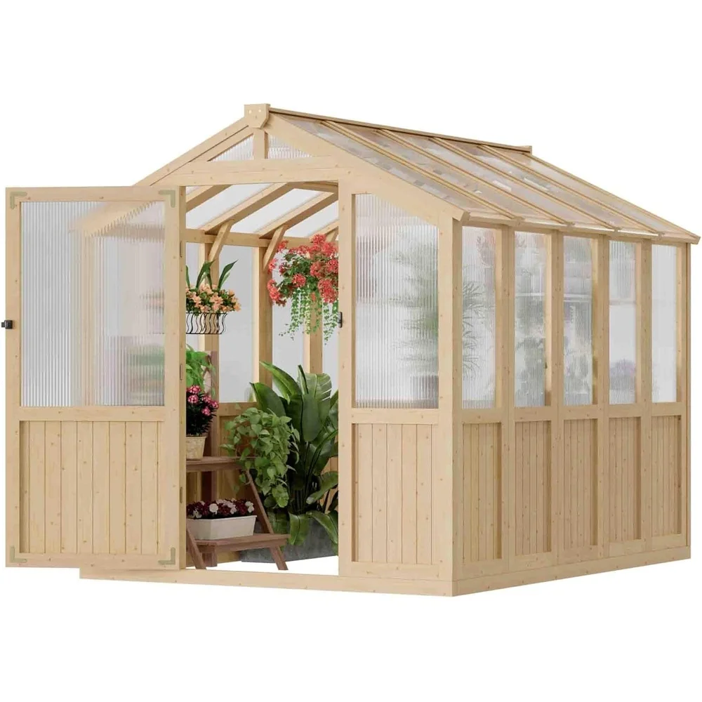 Wooden Greenhouse Garden Wood Green House, 6x8 FT Reinforced Fir Wood Structure Polycarbonate Walk-in Greenhouses Kit ,Safety Ve