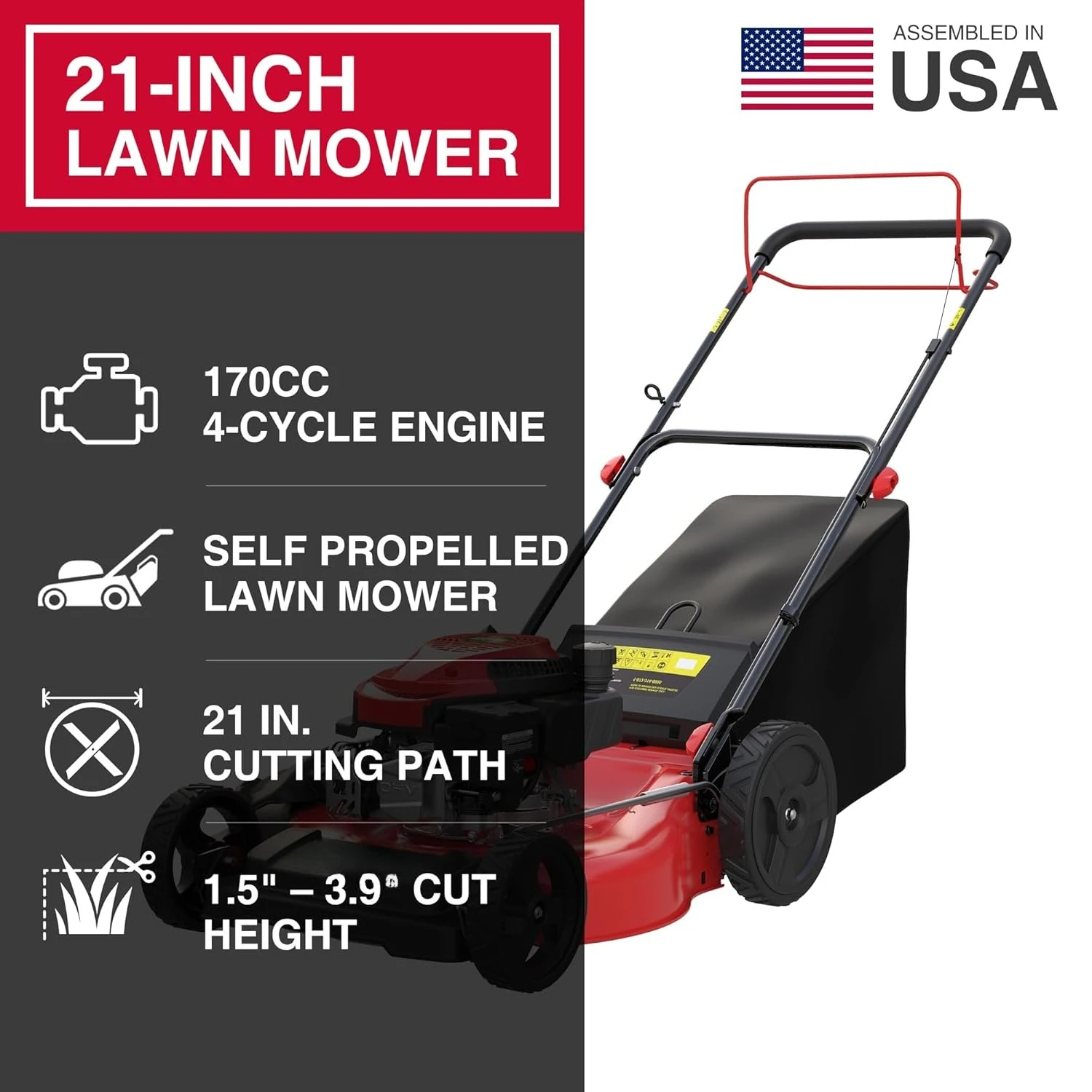 Self Propelled Gas Lawn Mower 21-inch with 170cc 4-Cycle OHV Engine, 3-in-1 Walk-Behind Lawn Mower with 5, Customized - Image 2
