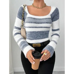 2025 New Autumn Winter Slim Fit Square Neck Women's Striped Sweater Faux Mink Soft And Cozy Style Knitted Sweater
