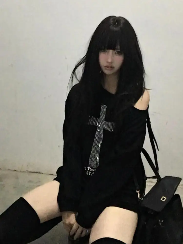 Seeslim Cross One-shoulder Graphic Hoodies Long Sleeve Black Women's Sweatshirts Harajuku Grunge 2000s Clothes Y2k Autumn Tops - Image 4