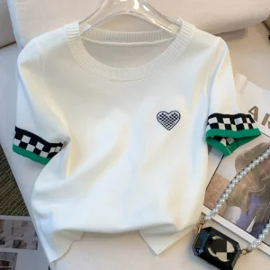 New Summer Heart Pattern Ribbed Pullover Sweater Casual Contrast Trim Crew Neck Short Sleeve Sweater Women's Clothing Crop Top