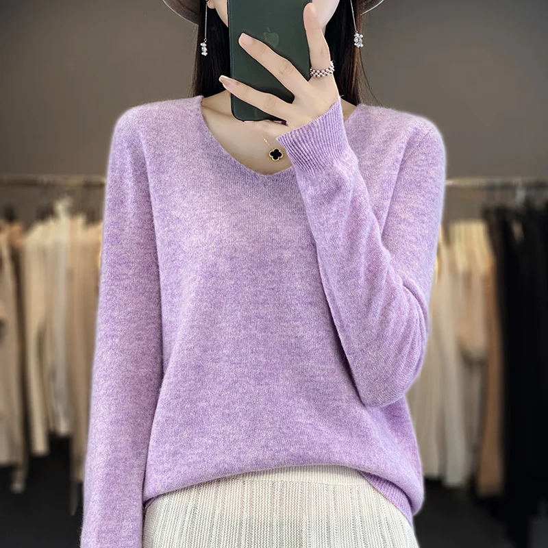 Women 100% Merino Wool Sweater V-Neck Basic Pullover Autumn Winter Cashmere Clothing Long Sleeve Soft Knitwear Tops Solid Color - Image 21