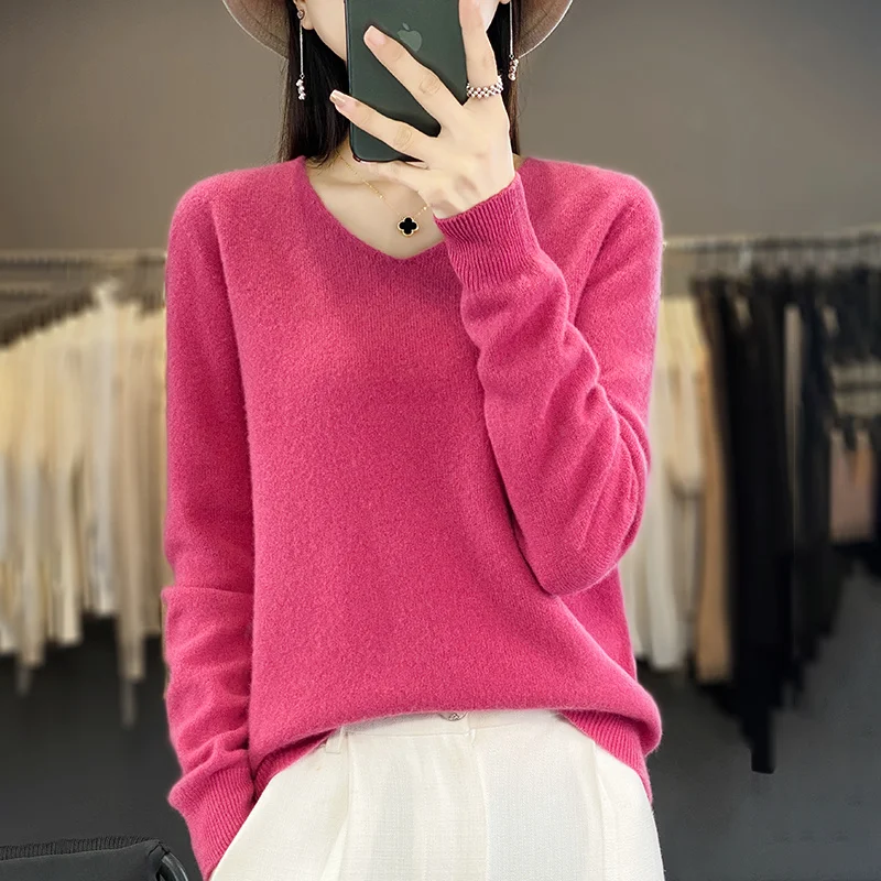Women 100% Merino Wool Sweater V-Neck Basic Pullover Autumn Winter Cashmere Clothing Long Sleeve Soft Knitwear Tops Solid Color - Image 11