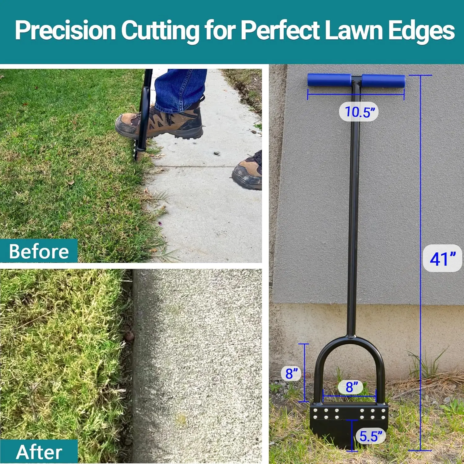 41in Manual Lawn Edger with Spring Steel Blade, Rustproof Half Moon Design for Garden Maintenance - Image 3