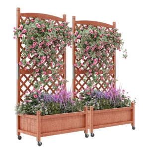 61.5" Wood Planter Box Raised Garden Bed With Trellis/Wheels For Plant & Flower, Standing Vertical Horticulture Trellis Planter