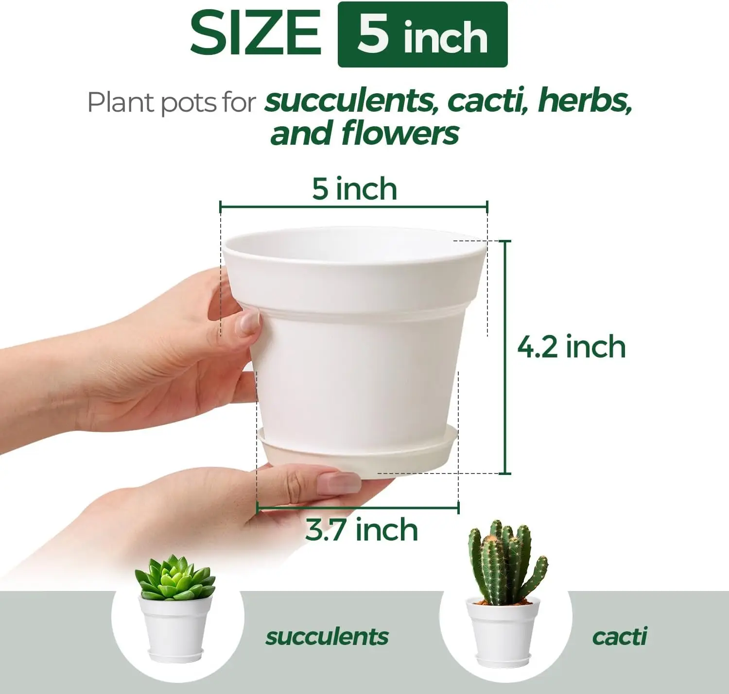 18-Pack 5 Inch Plant Pots with Saucers, Durable Plastic Flower Pots for Succulents, Indoor Plants, and Home Decor (White) - Image 2