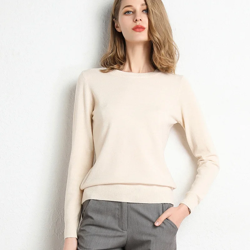 Women Slim O-Neck Solid Pullover Cashmere Wool Blending Sweater Autumn And Winter Long-Sleeved Knit Bottoming Shirt Large Size - Image 11