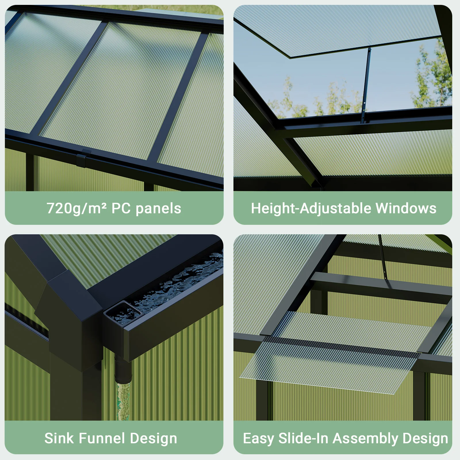 6x8 FT Greenhouse, Aluminum Walk-in Greenhouses for Outdoors, Large Heavy Duty Polycarbonate Greenhouse with Roof Vent - Image 4