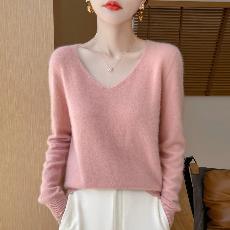 Women 100% Merino Wool Sweater V-Neck Basic Pullover Autumn Winter Cashmere Clothing Long Sleeve Soft Knitwear Tops Solid Color - Image 23