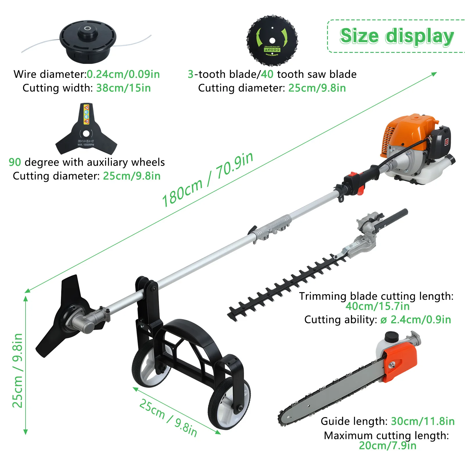 Gas Lawn Mower, 8 in 1 Weed Wacker Gas Powered 52CC 2-Cycle Hedge Trimmer String Trimmer Brush Cutter Edger Pole Saw Chainsaw - Image 6