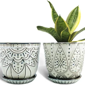 6 Inch Ceramic Planter Set of 2 with Drainage Hole and Saucer for Indoor-Outdoor Plants, Succulent Flower Pot in Smoked Gray