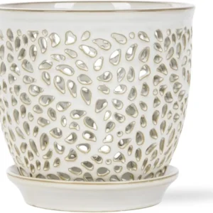 Elegant Orchid Pot with Holes, Large 6.5 inch Premium Porcelain Ceramic Planter for Repotting, Durable with Removable Saucer
