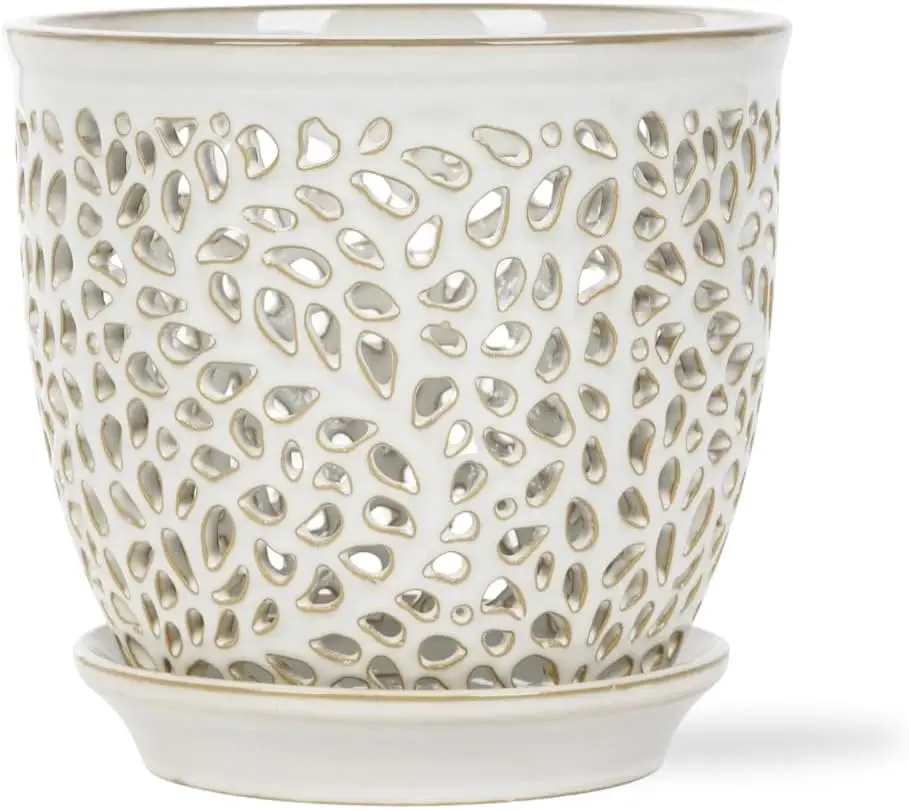 Elegant Orchid Pot with Holes, Large 6.5 inch Premium Porcelain Ceramic Planter for Repotting, Durable with Removable Saucer