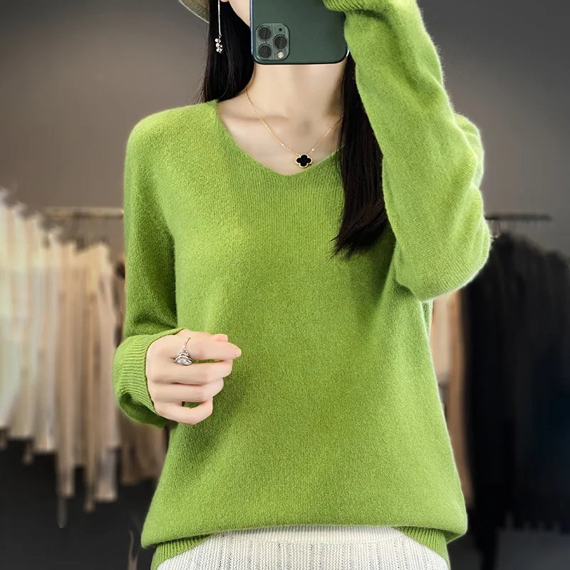 Women 100% Merino Wool Sweater V-Neck Basic Pullover Autumn Winter Cashmere Clothing Long Sleeve Soft Knitwear Tops Solid Color - Image 16