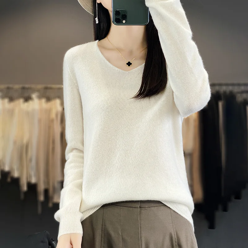 Women 100% Merino Wool Sweater V-Neck Basic Pullover Autumn Winter Cashmere Clothing Long Sleeve Soft Knitwear Tops Solid Color - Image 9