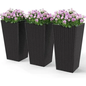 Outsunny Tall Planters or Outdoor Plants Set o 3, 24 in Taper Planters with Drainage Holes, Rattan Decor Plant Pots or Indoor Ou