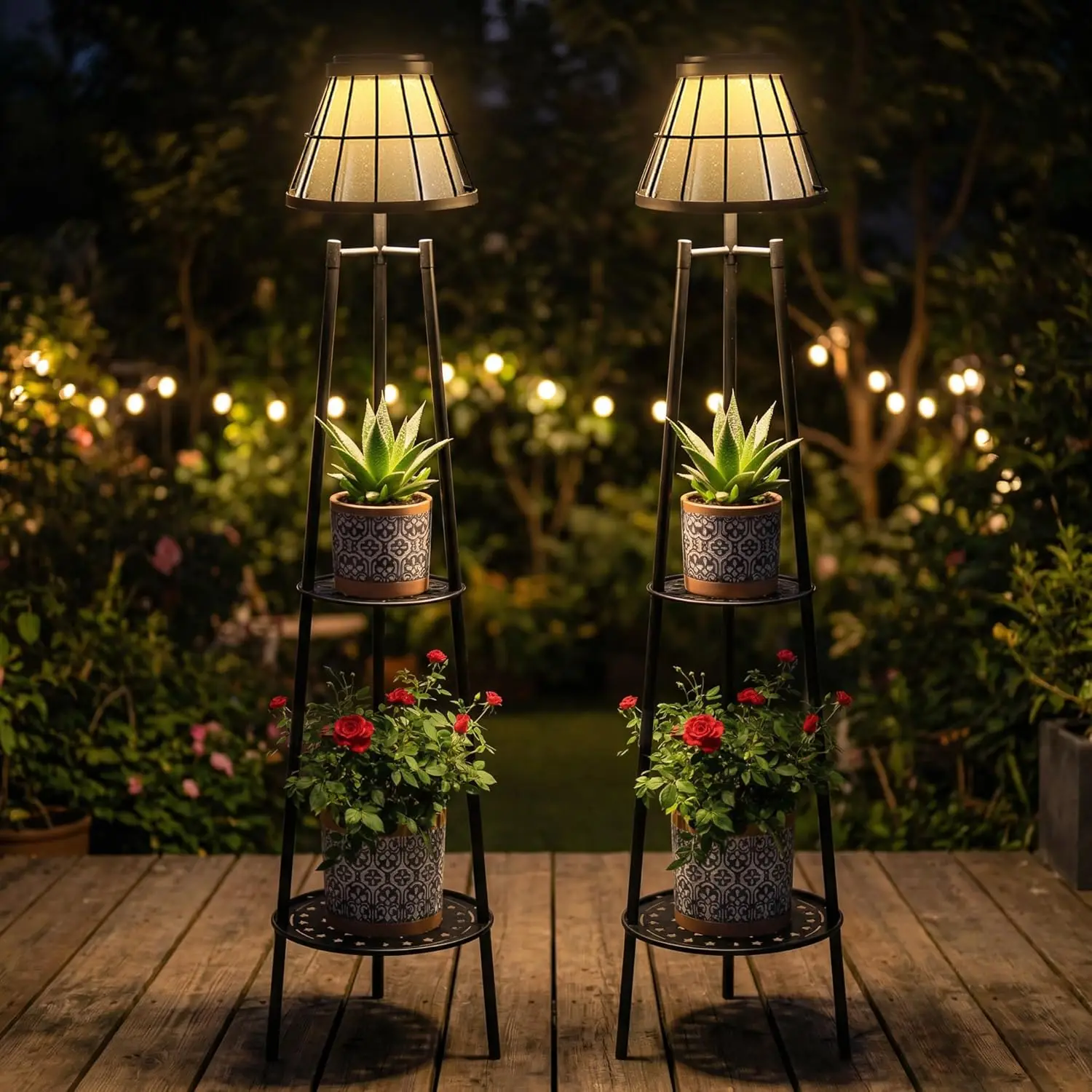 2 Pack Solar Floor Lamps with Plant Stand, Waterproof LED Lantern for Garden, Deck, Porch - Image 4