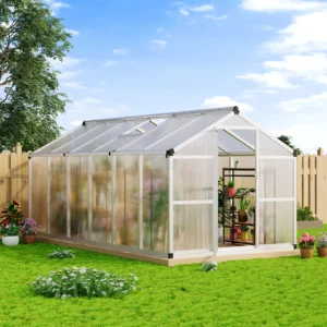 8x12 FT Greenhouse for Outdoors, Walk-in Green Houses, Large Aluminum Greenhouses with Roof Vent and Quick Setup Structure