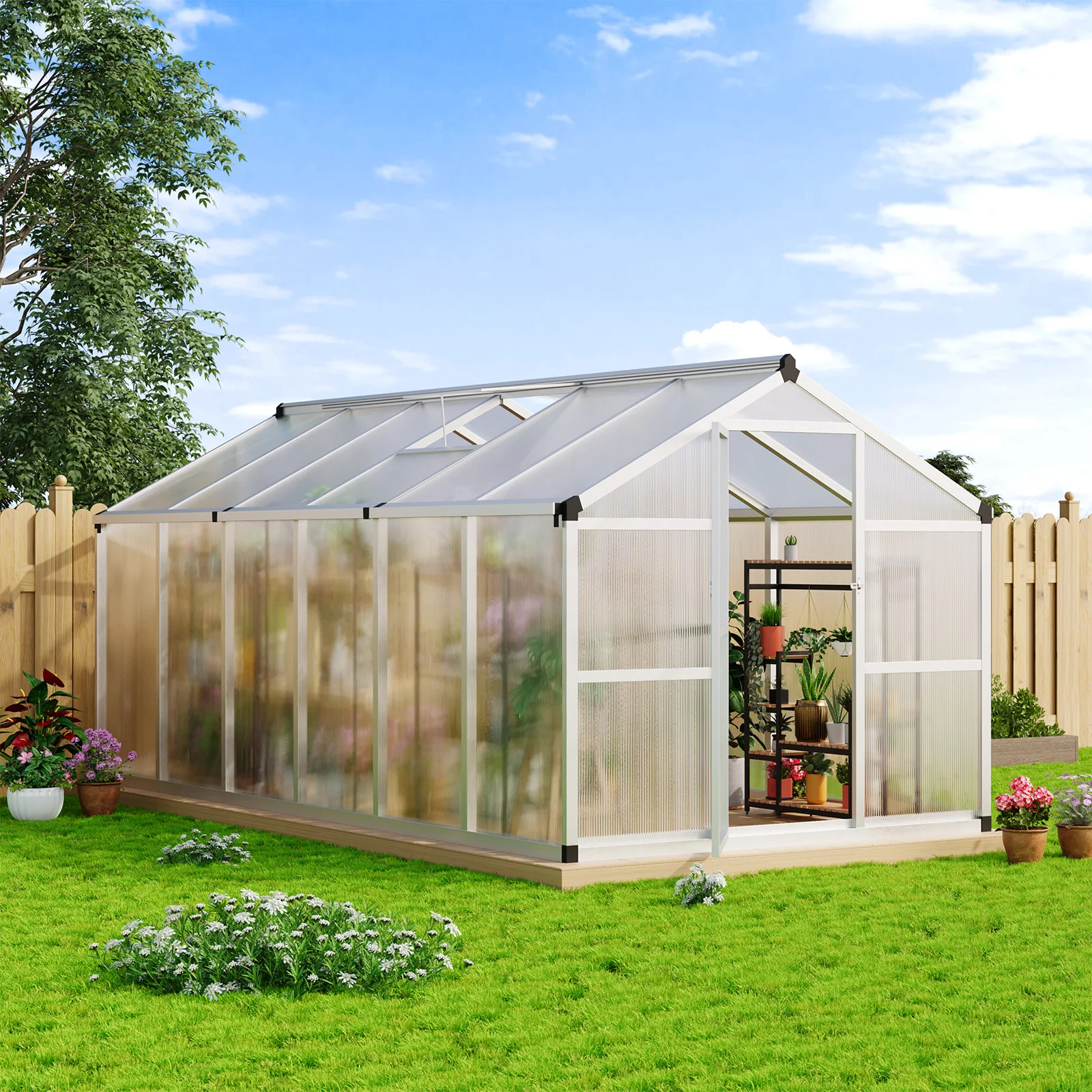 8x12 FT Greenhouse for Outdoors, Walk-in Green Houses, Large Aluminum Greenhouses with Roof Vent and Quick Setup Structure