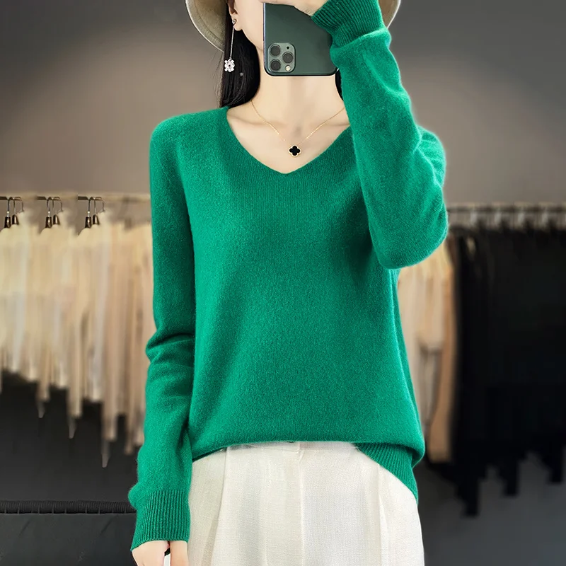 Women 100% Merino Wool Sweater V-Neck Basic Pullover Autumn Winter Cashmere Clothing Long Sleeve Soft Knitwear Tops Solid Color - Image 13