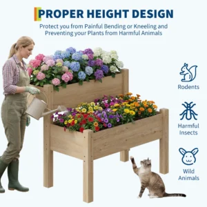 2-Tier Wooden Raised Garden Bed with Legs, Outdoor Planter Box with Drainage Holes, for Vegetables, Flowers, Backyard, Patio