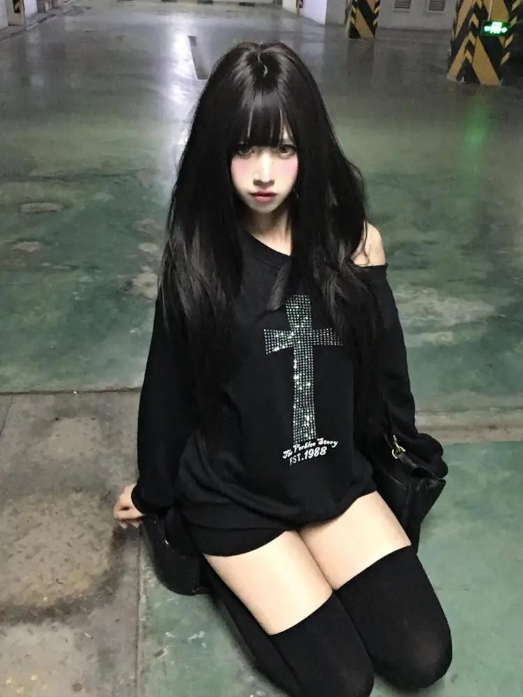 Seeslim Cross One-shoulder Graphic Hoodies Long Sleeve Black Women's Sweatshirts Harajuku Grunge 2000s Clothes Y2k Autumn Tops - Image 5