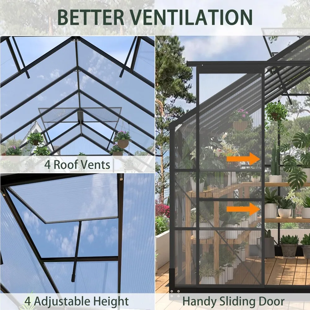 greenhouses for outdoors, 8x16 ft polycarbonate greenhouses with 4 adjustable roof vents, walk-in aluminum frame green houses fo - Image 5