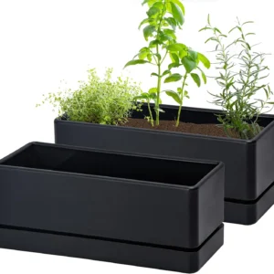 12 Inch Window Box Planter with Drainage Holes and Saucer, Indoor Herb Garden Pot for Windowsill, Black Set of 2