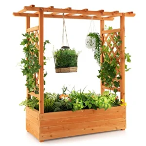 Raised Garden Bed with Arch Trellis Wood Planter Box with Hanging Roof Side Trellis 4 Drainage Holes Above Ground Elevated Gard