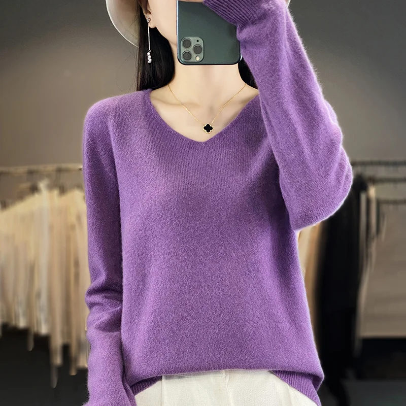 Women 100% Merino Wool Sweater V-Neck Basic Pullover Autumn Winter Cashmere Clothing Long Sleeve Soft Knitwear Tops Solid Color - Image 14