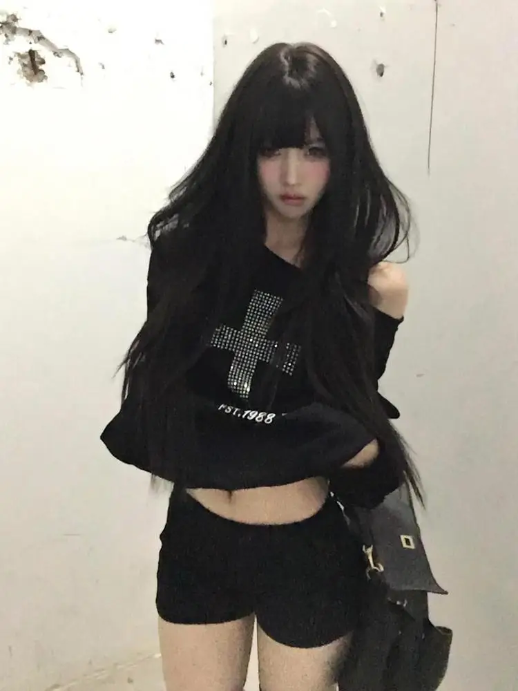 Seeslim Cross One-shoulder Graphic Hoodies Long Sleeve Black Women's Sweatshirts Harajuku Grunge 2000s Clothes Y2k Autumn Tops - Image 2