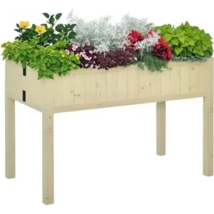 Raised Garden Bed Wooden Planter Box with Space-Saving Design, Drainage Holes, and Inner Liner for Growing Vegetables, Fruits, a