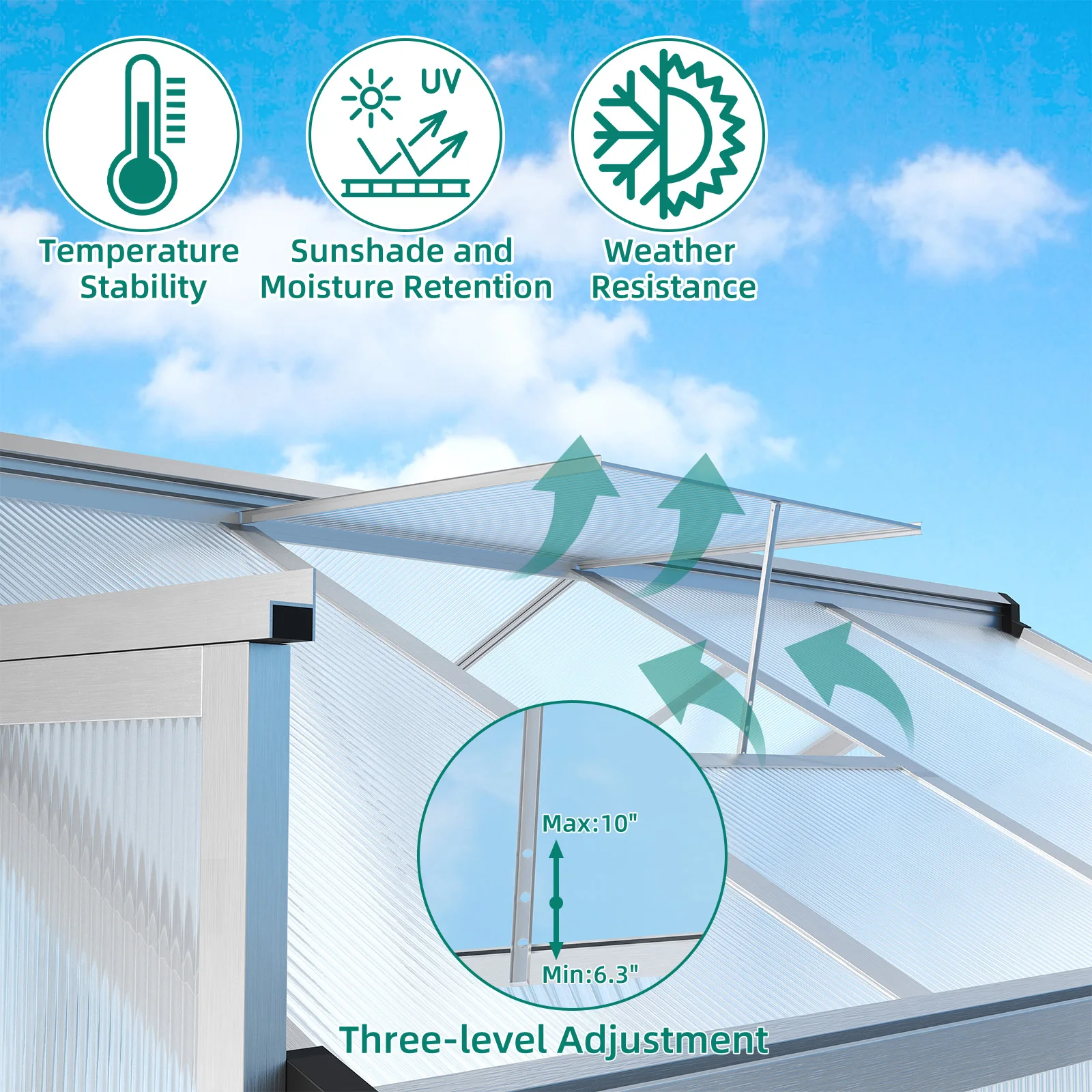 8x12 FT Greenhouse for Outdoors, Walk-in Green Houses, Large Aluminum Greenhouses with Roof Vent and Quick Setup Structure - Image 5