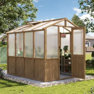 6x8 FT Wooden Greenhouse for Outdoors, Polycarbonate Panel Walk-in Green House Kit with Adjustable Roof Vent and Lockable Door,