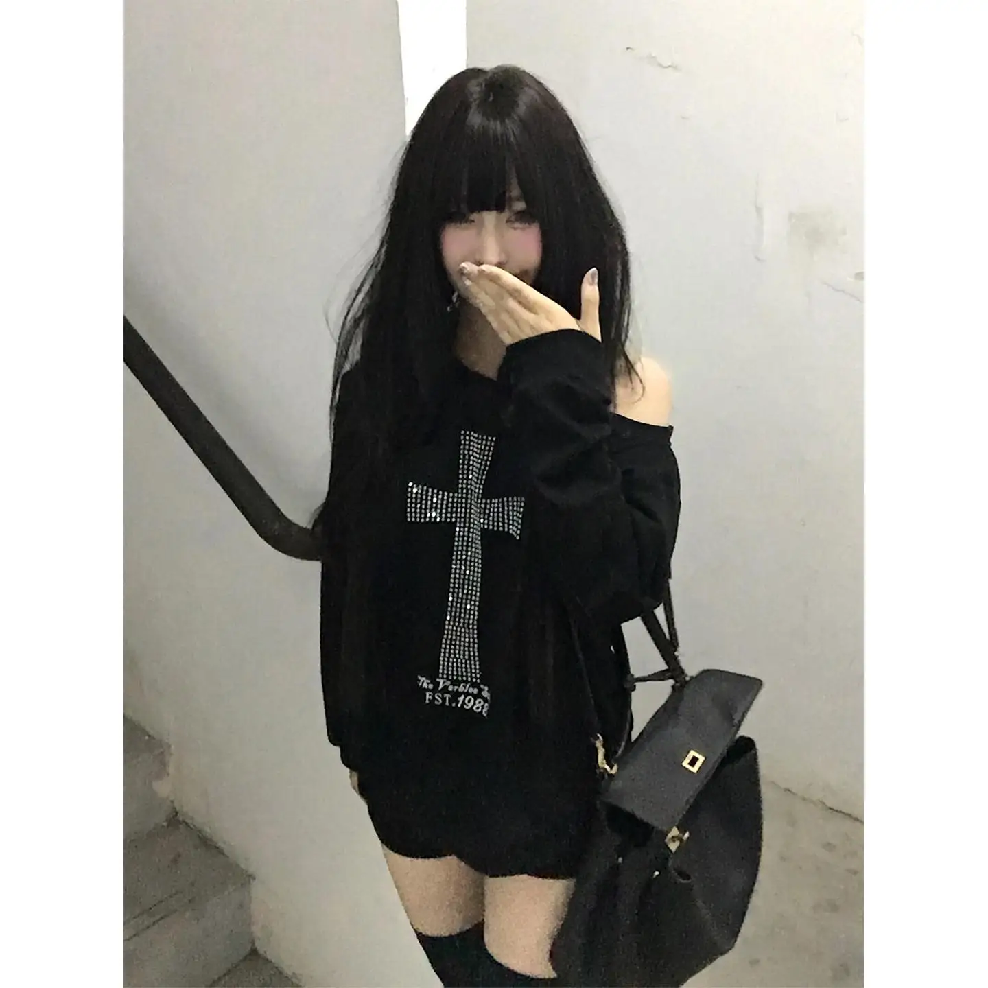 Seeslim Cross One-shoulder Graphic Hoodies Long Sleeve Black Women's Sweatshirts Harajuku Grunge 2000s Clothes Y2k Autumn Tops - Image 7