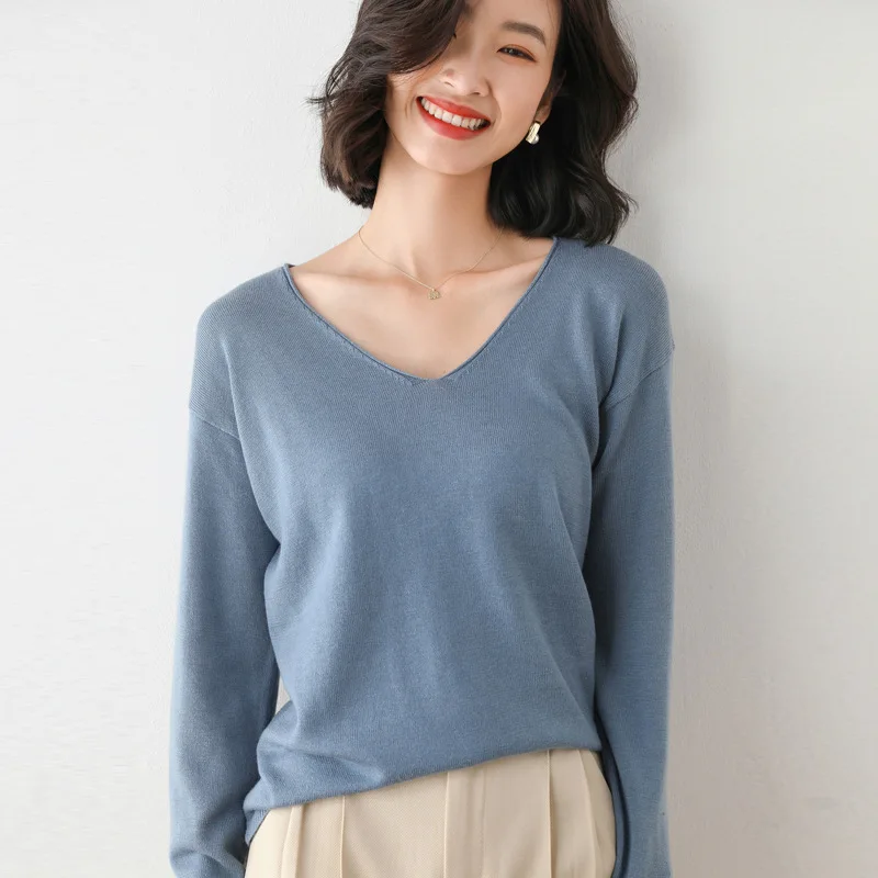 2025 Spring Autumn Womens Sweater Solid Knitwear Korean Loose Female Basic Casual Jumpers Stretch Pullover Sky Blue Pink Sweater - Image 7