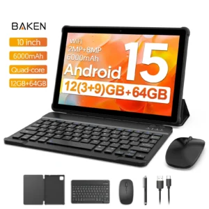 BAKEN Android 15 tablet, 10-inch, 12 (3+9)GB RAM + 64GB ROM, quad-core, 6000mAh battery, includes a free protective case