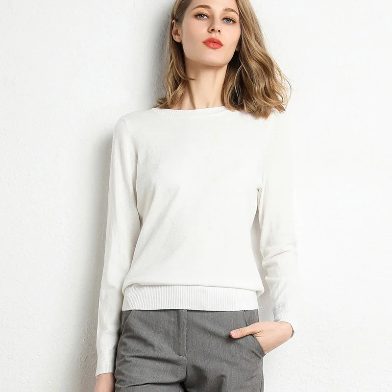 Women Slim O-Neck Solid Pullover Cashmere Wool Blending Sweater Autumn And Winter Long-Sleeved Knit Bottoming Shirt Large Size - Image 16