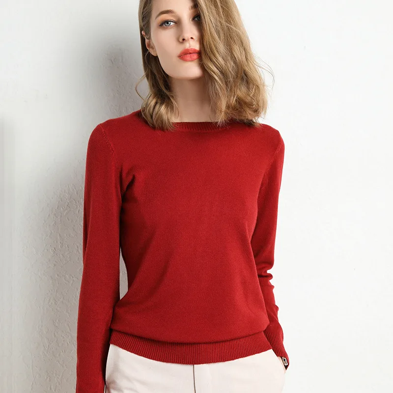 Women Slim O-Neck Solid Pullover Cashmere Wool Blending Sweater Autumn And Winter Long-Sleeved Knit Bottoming Shirt Large Size - Image 8
