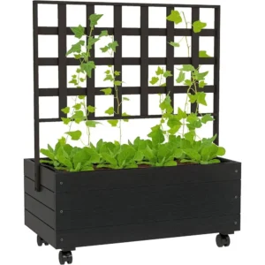 Elevated Wooden Planter Box with Trellis and Wheels for Growing Climbing Plants, Herbs, and Vegetables