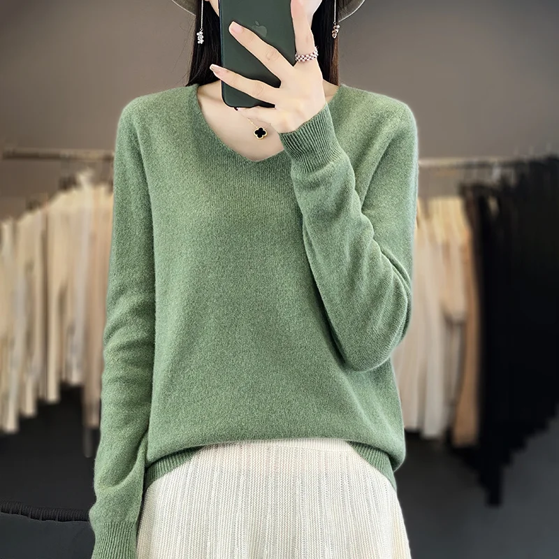 Women 100% Merino Wool Sweater V-Neck Basic Pullover Autumn Winter Cashmere Clothing Long Sleeve Soft Knitwear Tops Solid Color - Image 18