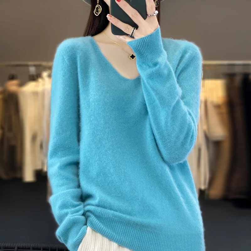 Women 100% Merino Wool Sweater V-Neck Basic Pullover Autumn Winter Cashmere Clothing Long Sleeve Soft Knitwear Tops Solid Color - Image 2