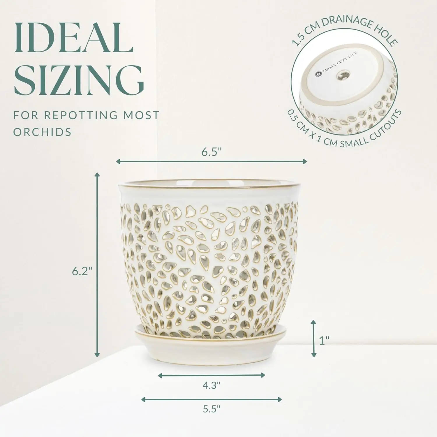 Elegant Orchid Pot with Holes, Large 6.5 inch Premium Porcelain Ceramic Planter for Repotting, Durable with Removable Saucer - Image 5