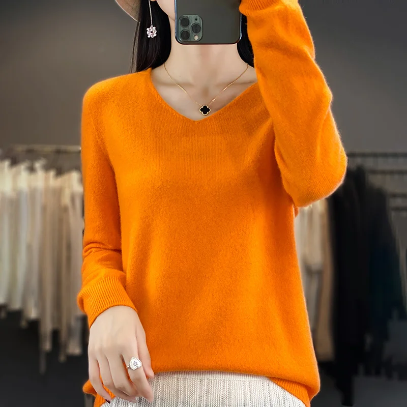 Women 100% Merino Wool Sweater V-Neck Basic Pullover Autumn Winter Cashmere Clothing Long Sleeve Soft Knitwear Tops Solid Color - Image 15