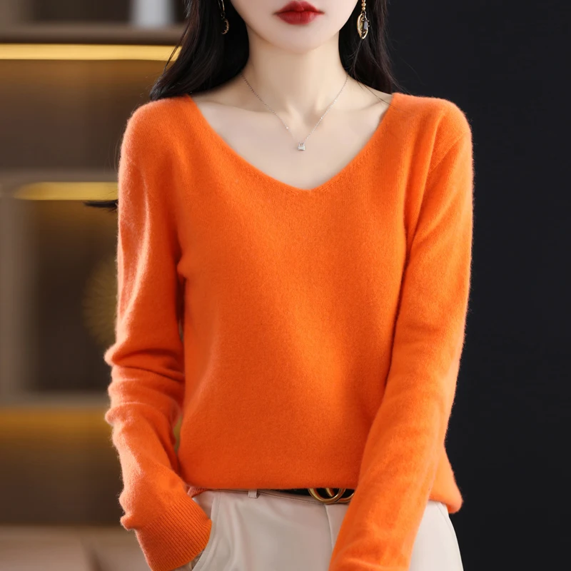 Women 100% Merino Wool Sweater V-Neck Basic Pullover Autumn Winter Cashmere Clothing Long Sleeve Soft Knitwear Tops Solid Color - Image 3