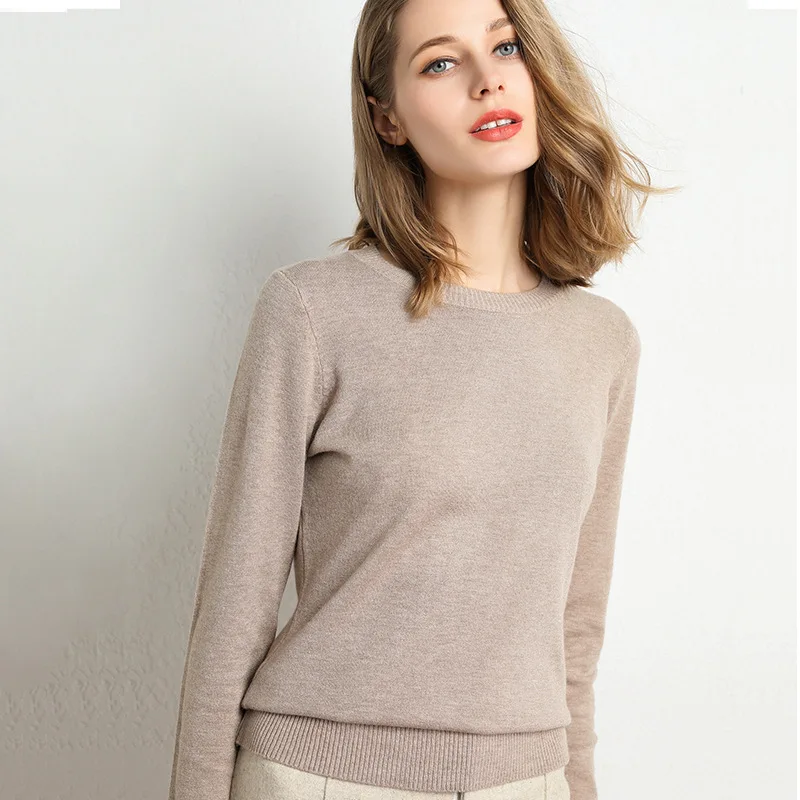 Women Slim O-Neck Solid Pullover Cashmere Wool Blending Sweater Autumn And Winter Long-Sleeved Knit Bottoming Shirt Large Size - Image 15