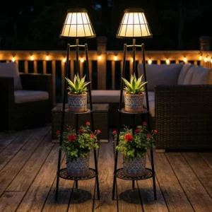 2 Pack Solar Floor Lamps with Plant Stand, Waterproof LED Lantern for Garden, Deck, Porch