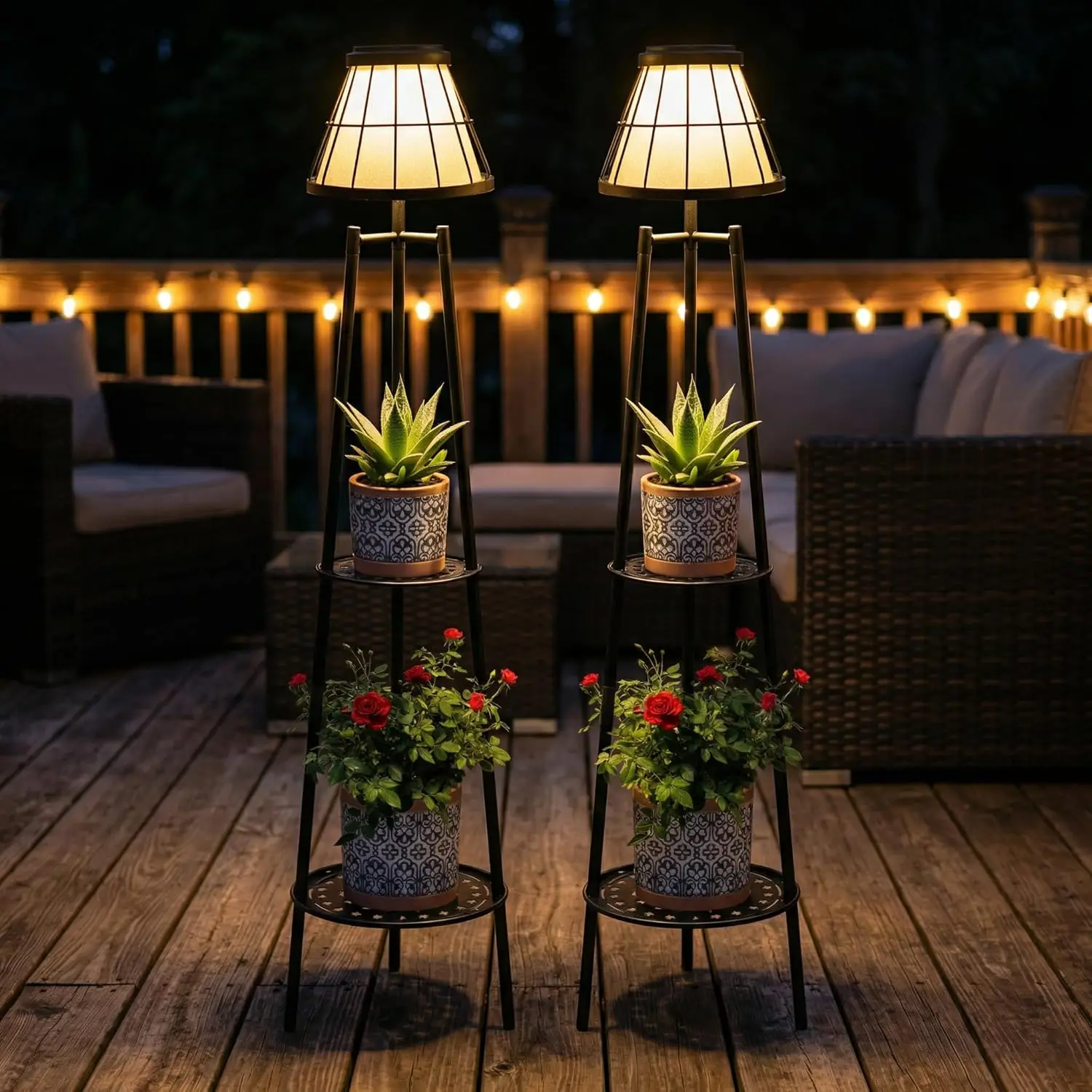 2 Pack Solar Floor Lamps with Plant Stand, Waterproof LED Lantern for Garden, Deck, Porch