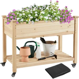 42x23x33in Wooden Raised Garden Bed with Wheels Horticulture Flower Planter Boxes Elevated Vegetables Growing Bed for Grow