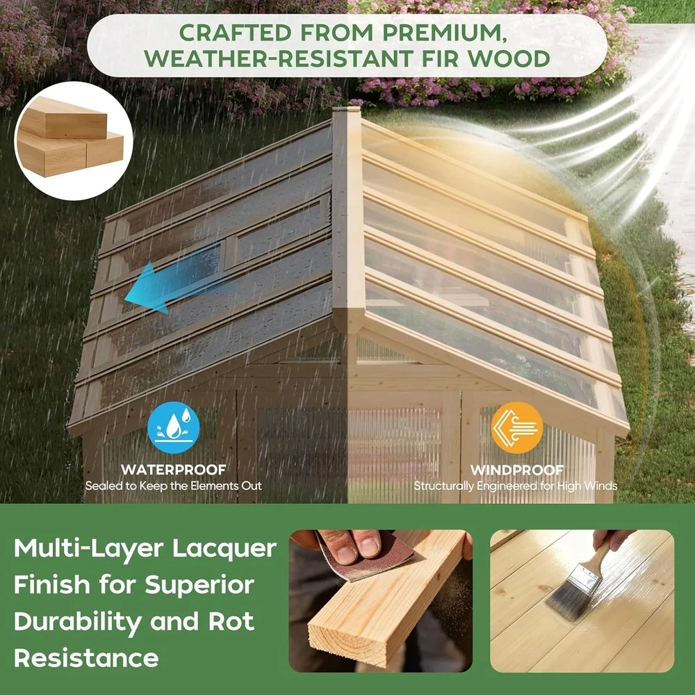 Wooden Greenhouse Garden Wood Green House, 6x8 FT Reinforced Fir Wood Structure Polycarbonate Walk-in Greenhouses Kit ,Safety Ve - Image 4